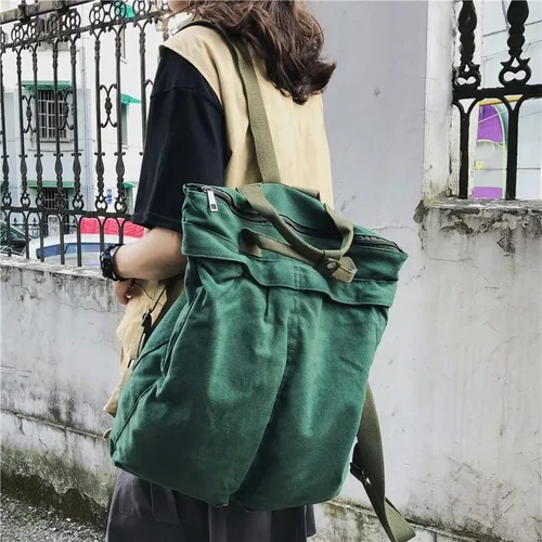 Vista 2 de Mochila de lona vintage para mujeres y hombres, bolsa de viaje casual de gran capacidad, de mezclilla, estilo grunge, senderismo, viajes (verde)