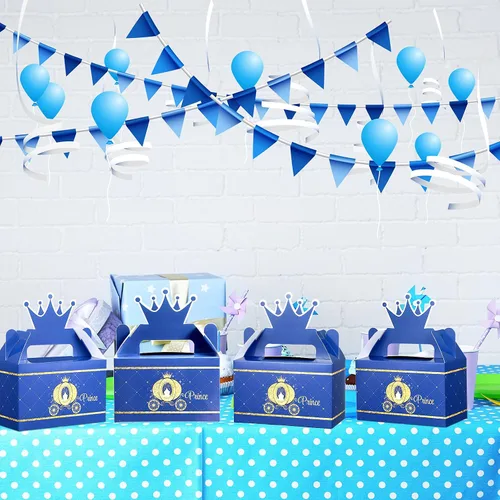 Vista 6 de Caja de premios con corona de príncipe para fiesta, caja de dulces azules y dorados, suministros de fiesta para baby shower, decoración