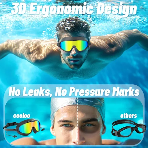 Vista 3 de COOLOO Paquete de 2 gafas de natación de visión amplia, sin fugas, antivaho y anti rayos UV para adultos, para hombres, mujeres y jóvenes
