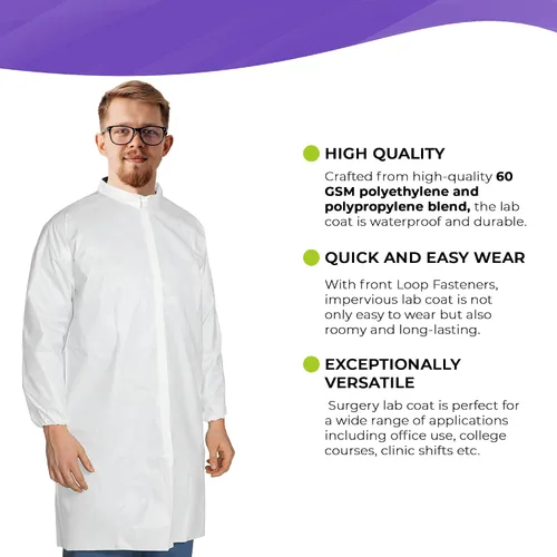 Vista 3 de AMZ Disposable Lab Coat, Medium. Pack of 10 White Disposable Lab Coats for Adults. 60 GSM Microporous Disposable Coats Medical PPE with Elastic