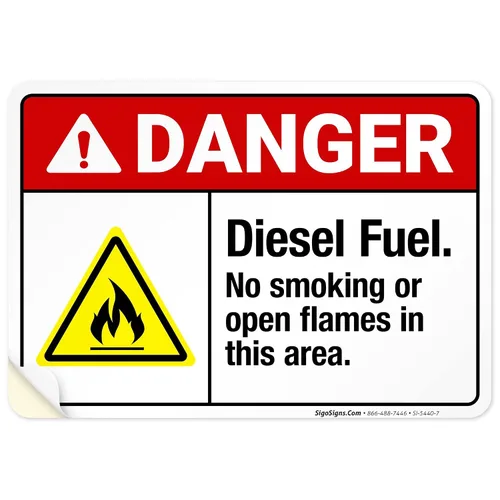 Vista 18 de Diesel Fuel No Smoking Or Open Flames in This Area Sign, ANSI Danger Sign, 10x7 Inches, Rust Free .040 Aluminum, Fade Resistant, Indoor/Outdoor Use