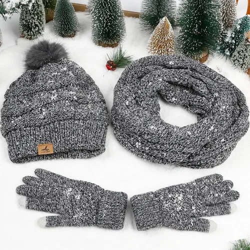 Vista 8 de Winter Beanie Hat Scarf Gloves Set, Soft Fleece Knit Hat Warm Touchscreen Gloves Neck Warmer Thick Scarves Gifts for Women