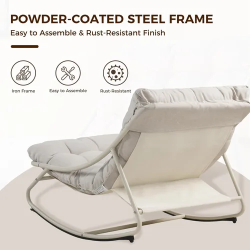 Vista 4 de Silla mecedora para exteriores Grand Patio, mecedora de salón de metal con cojín grueso, balancín moderno y cómodo para patio, porche, terraza, Beige