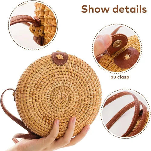 Vista 2 de WYBG Bolso de ratán bohemio tejido a mano con correa de cuero bolso de mimbre tejido redondo elegante para mujer bolso de hombro Bali Ata tejido