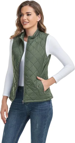 Vista 4 de LONGKING Chaleco para mujer con un bolsillo interior, cuello alto, ligero, acolchado, con cremallera, para mujer
