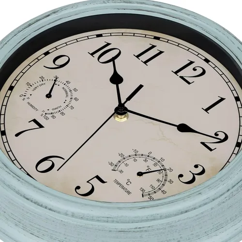 Vista 3 de Reloj de pared retro impermeable de 12 pulgadas para interiores y exteriores, con termómetro e higrómetro, funciona con pilas, reloj de pared