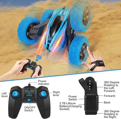 Vista 3 de Coche de control remoto RC Coche de acrobacias reloj Sensor de gestos Coche 4WD de doble cara rotación de 360 grados volcable recargable Coche