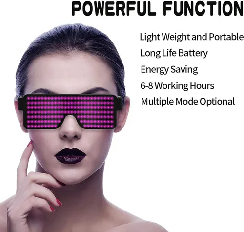Vista 17 de Gafas LED dinámicas que brillan con luz LED recargable por USB, con luz intermitente de neón, 11 patrones, gafas luminosas