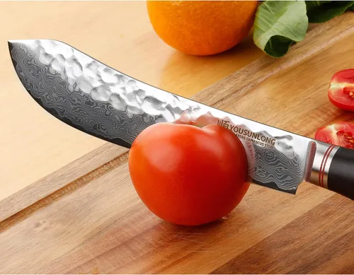Vista 5 de YOUSUNLONG Cuchillo de carnicero de nariz de toro de 8 pulgadas, japonés de 67 capas, acero de damasco martillado con mango de madera de plomo