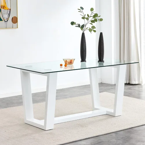Vista 8 de Ebullient Mesa de comedor de cristal, mesa de comedor moderna, mesa de vidrio templado de 63 pulgadas con patas trapezoidales de MDF negras, mesa