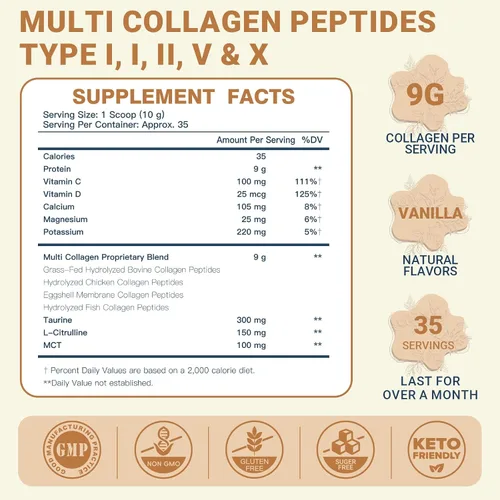 Vista 2 de DRFOSTER Péptidos de colágeno de vainilla en polvo para mujeres y hombres, colágeno multi tipo I II III V X con multivitaminas y minerales