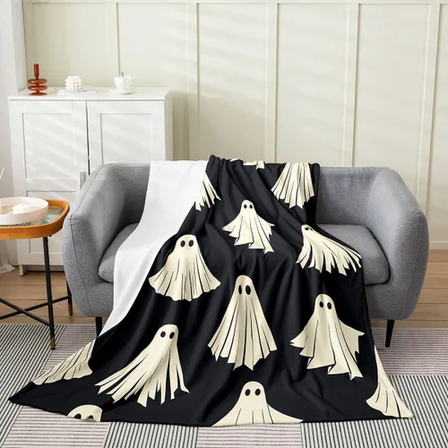 Vista 2 de Manta mullida de fantasmas de Halloween para niños, manta de franela con estampado de fantasmas de Halloween, manta de forro polar para todas