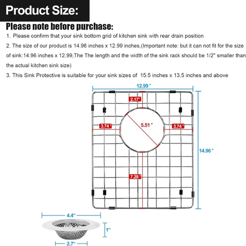 Vista 3 de 2 protectores de fregadero de acero inoxidable 304 de 14.96 x 12.99 pulgadas para fregadero de cocina de 15.5 x 13.5 pulgadas, con drenaje trasero
