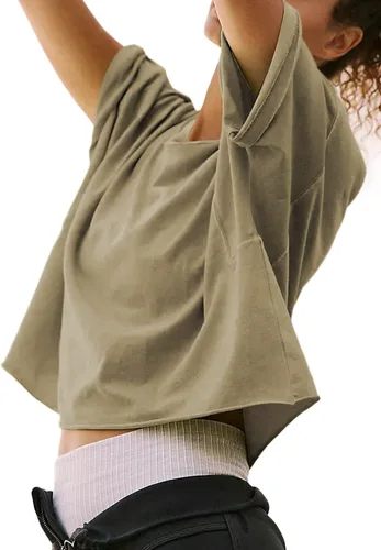 Vista 3 de Camisetas cortas de entrenamiento de gran tamaño para mujer, manga corta, cuello redondo, hombros caídos, cuadradas, de verano, casuales, lisas