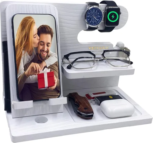 Vista 10 de VEIYAILU Estación de acoplamiento para teléfono de madera de nogal para hombres, regalos para él, novio, papá, marido, hermano, hijo, aniversario