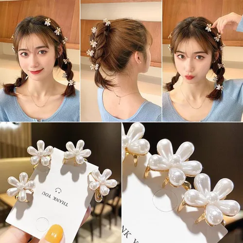 Vista 3 de 10 pinzas pequeñas de perlas para el cabello para mujeres y niñas, diseño de garra de flor de perla, accesorios decorativos para el cabello
