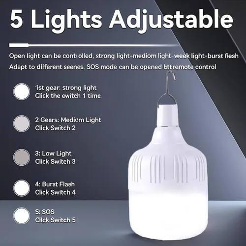 Vista 6 de Bombilla LED de emergencia multifuncional con carga USB, capaz de recargar dispositivos móviles, ideal para cortes de energía, campamento en tienda