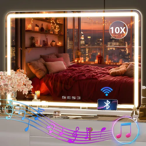 Vista 50 de Hasipu Espejo de tocador con luces, espejo LED de maquillaje de 31.5 x 22 pulgadas, espejo de maquillaje iluminado con 3 modos regulables, espejo
