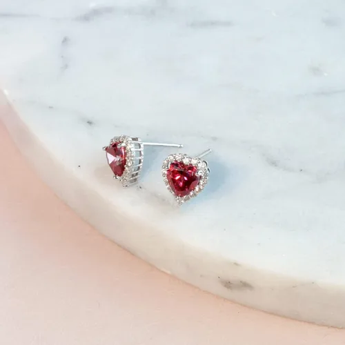 Vista 4 de Tienda Collection Platinum Plated Sterling Silver Simulated Birthstone Heart Stud Earrings with Infinite Elements Cubic Zirconia Accents Earrings