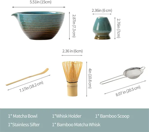Vista 4 de Juego tradicional de ceremonia de té Matcha con cuenco de cerámica, batidor de bambú, soporte y colador, 5 piezas (azul)