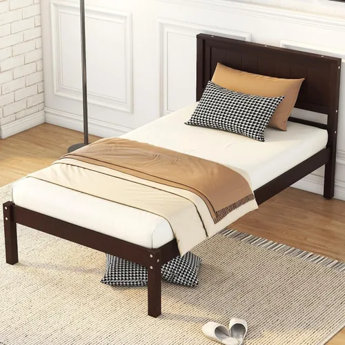 Vista 3 de Harper & Bright Designs Base de cama de madera de tamaño individual con cabecero y estribo, no necesita somier, espresso