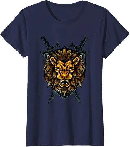 Vista 28 de Camiseta con diseño de caballero medieval renacentista, con diseño de espada de león, Negro, S