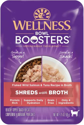 Vista 9 de Wellness Bowl Boosters Shreds with Broth Wet Cat Food Topper, sin granos, natural, receta de pollo, 1.75 onzas, paquete de 12 bolsas