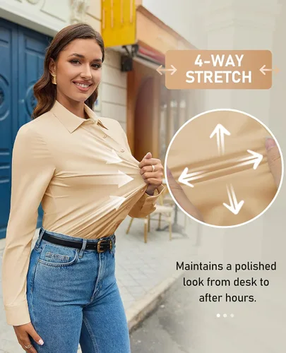 Vista 4 de Camisa con botones para mujer, ajustada, elástica, sin arrugas, para mujer, de manga larga, con cuello, blusa de trabajo para uso casual