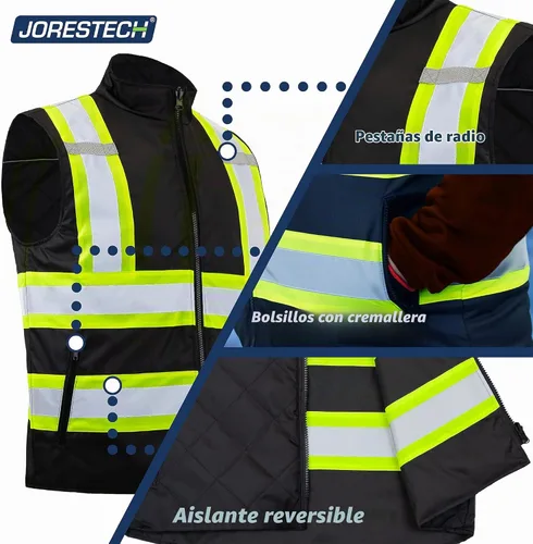 Vista 5 de JORESTECH Chaleco de Seguridad Aislado Reversible de Alta Visibilidad con Cinta Reflectante Conforme a ANSI Negro