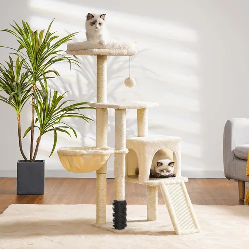 Vista 2 de Heybly - Árbol de gato con cepillo autolimpiante, torre de gato para interior con plataforma acolchada de felpa, casa de gato con cesta, poste