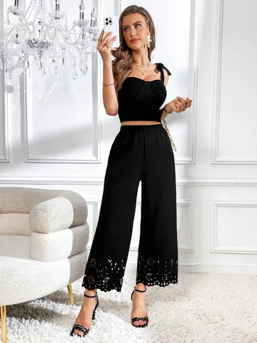 Vista 6 de SweatyRocks Pantalones elegantes de pierna ancha con cintura elástica para mujer