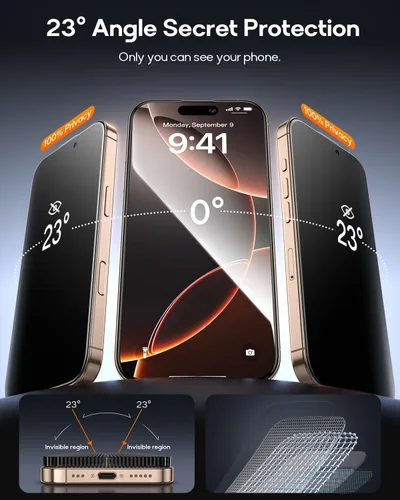 Vista 3 de Paquete de 3 protectores de pantalla de privacidad de vidrio templado para iPhone 16, CABINA libre de polvo, posicionamiento automático, sin