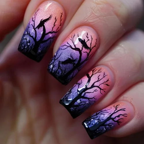 Vista 7 de Uñas postizas de Halloween a presión medianas con diseño de ataúd oscuro gótico embrujado, castillo muerto, diseño de árbol muerto, uñas postizas