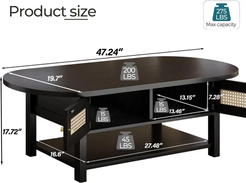 Vista 2 de LVB - Mesa de café de ratán, mesa de sala de estilo boho con almacenamiento, mesa de té de cóctel moderna ovalada de 2 niveles con puertas y estante