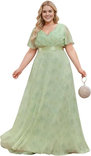 Vista 10 de Ever-Pretty Vestidos formales de noche de gasa para mujer con cuello en V de talla grande para mujeres con curvas, vestido de dama de honor de largo