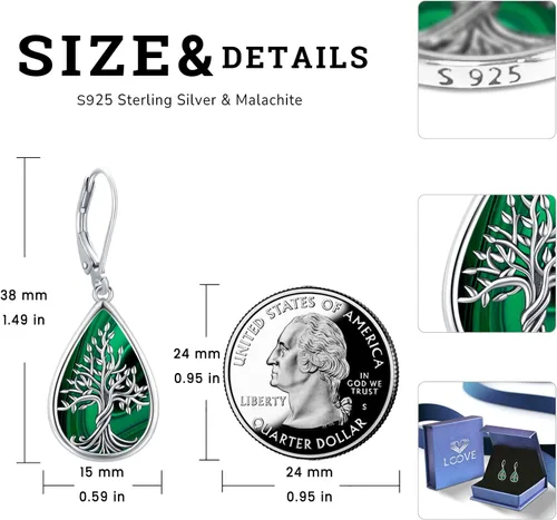 Vista 150 de Aretes colgantes de plata de ley con diseño de árbol de la vida, flor, abeja, animales, gato, colibrí, piedra lunar, turquesa, aretes con cierre