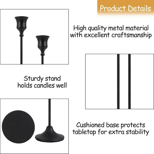 Vista 4 de Juego de 3 Portavelas Negros, Portavelas de Metal para Velas Cónicas, Candelabro Decorativo Clásico para Navidad, Bodas, Fiestas, Mesas de Cena