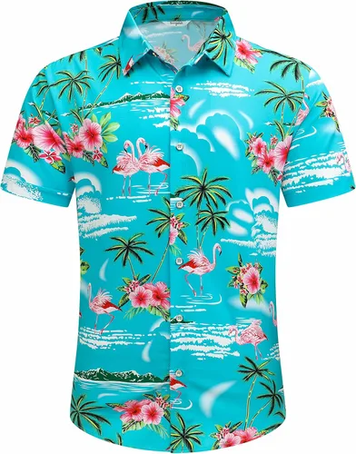 Vista 2 de Camisa hawaiana para hombre, manga corta, con botones, ropa de playa, unisex, flamencos de verano, camisas florales Aloha