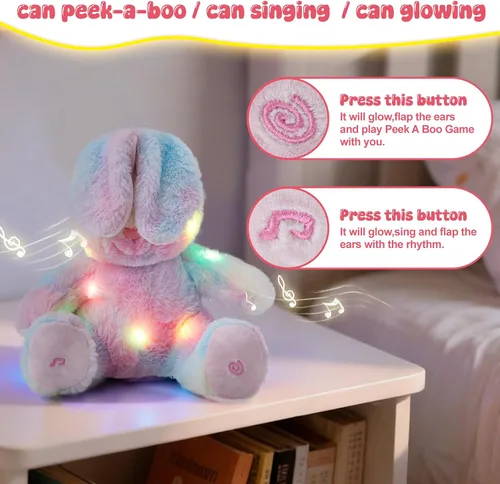 Vista 3 de Glow Guards Peek-a-Boo - Peluche de conejo de 10 pulgadas, juguete de peluche de conejo arcoíris que canta, juguetes de peluche interactivos