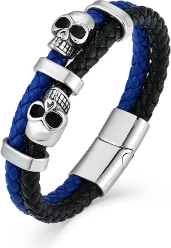 Vista 17 de Pulsera de Cuero de Doble Fila con Calavera para Hombre, Pulsera Trenzada con Calavera Negra o Plateada para Hombre, Joyería Punk Masculina