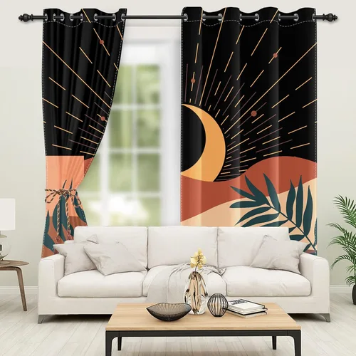 Vista 2 de Cortinas abstractas bohemias para ventana, estética de mediados de siglo, hojas de luna de montaña, para oscurecer la habitación, cortina con ojales