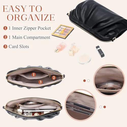 Vista 4 de VASCHY Bolso de mano para mujer, de cuero vegano fruncido, pequeño, formal, de noche, bolso cruzado al hombro, boda, fiesta