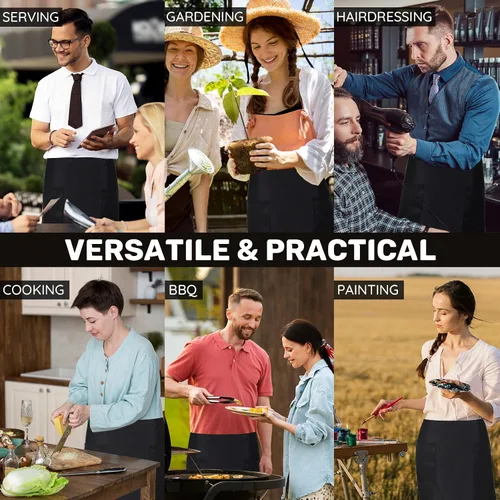 Vista 7 de Paquete de 3 delantales de cintura con 3 bolsillos, delantales de camarero unisex negros, delantales resistentes al agua para restaurante, chef y bar