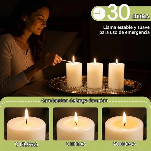 Vista 5 de Paquete de 3 velas de cera de abeja en forma de pilar, velas de cera de abeja blanco marfil - 105 horas de combustión larga, velas de cera de abeja