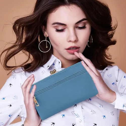 Vista 7 de TIESOME Bolso de mano para mujer, de cuero con doble cremallera, cartera de mano para teléfono, gran capacidad