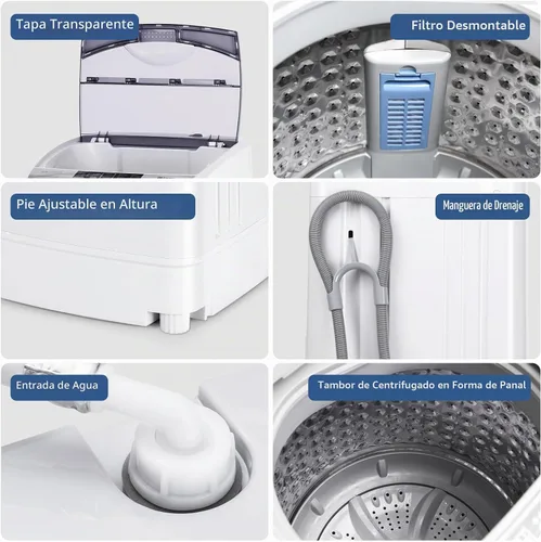 Vista 6 de RELAX4LIFE Lavadora completamente automática, lavadora compacta de 12 libras de capacidad con 10 programas, 8 niveles de agua, pantalla LED y bomba