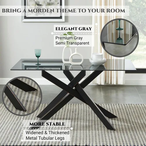 Vista 3 de Mesa de comedor de estilo moderno con parte superior de vidrio templado gris y patas tubulares de metal negro, 58.5 pulgadas de largo x 29 pulgadas