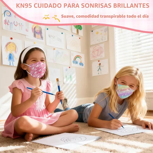 Vista 2 de FENFEN Máscara facial KN95 para niños desechable - Niño unicornio, niños de tamaño pequeño de 4 a 12 años, protección de 5 capas, transpirable