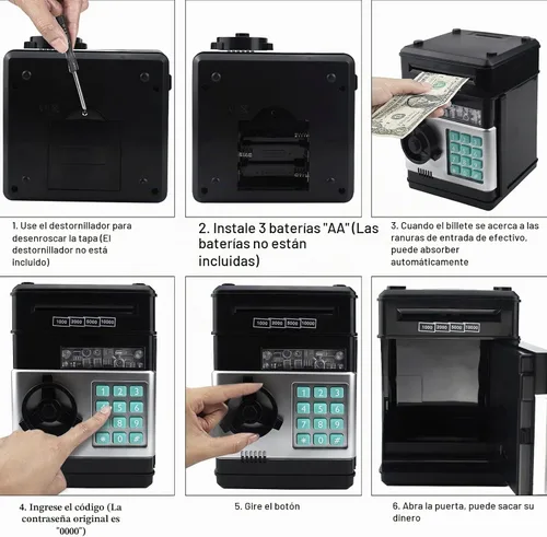 Vista 5 de HUSAN Alcancía para niños, código electrónico de contraseña, banco de dinero, cajero automático, caja de monedas para niños y niñas (negro)