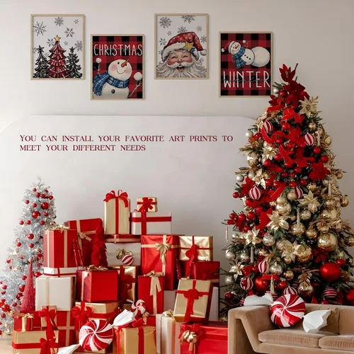 Vista 4 de XYDEG Conjunto de 4 Impresiones de Arte Navideño para Pared, Impresiones Navideñas, Hola Invierno Vintage Santa Navidad Muñeco de Nieve Búfalo